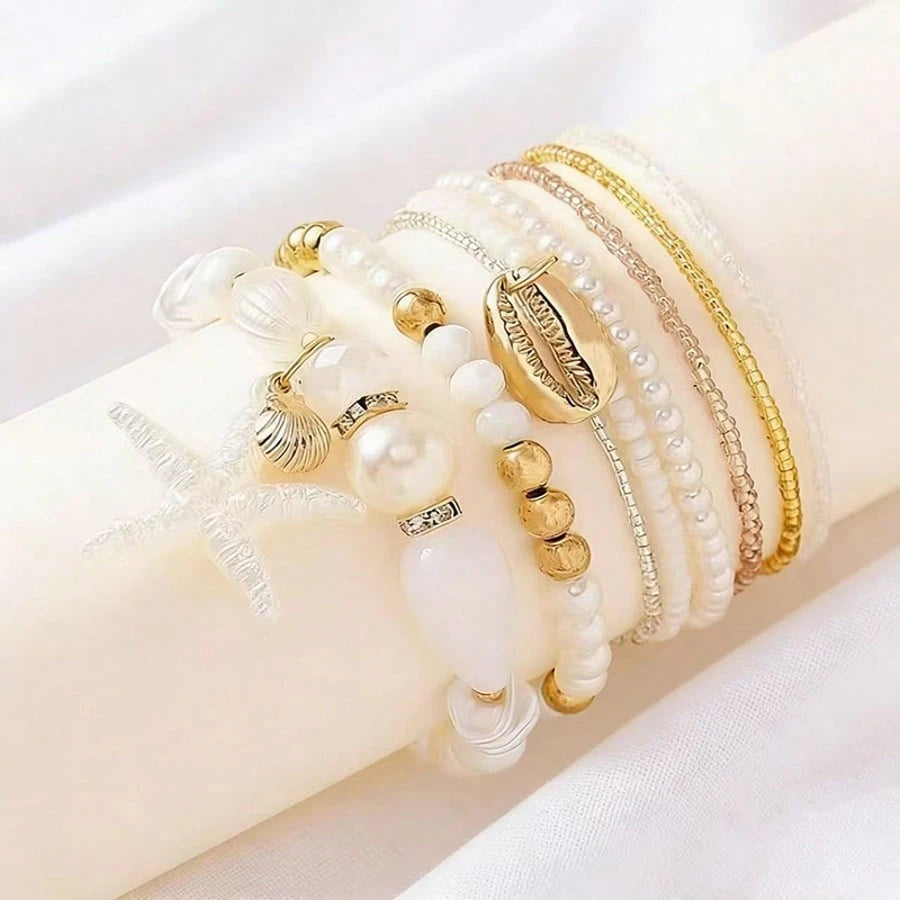 7pcs Shell Pearl & Starfish Beaded Layered Bracelet Set, Bohemian Style Design, Beach Vacation Casual Wear, Random Shell Pattern, Also Suitable For Party, Wedding, Bridal Bracelet