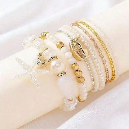 7pcs Shell Pearl & Starfish Beaded Layered Bracelet Set, Bohemian Style Design, Beach Vacation Casual Wear, Random Shell Pattern, Also Suitable For Party, Wedding, Bridal Bracelet