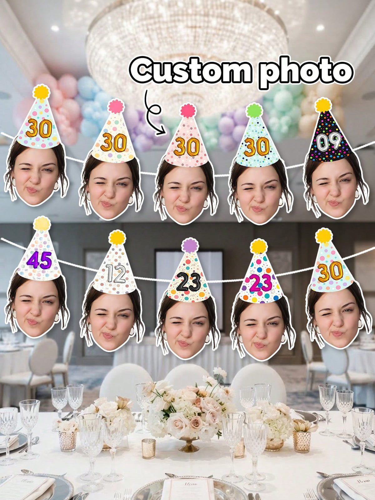 8/16/24pc Custom Face Photo Birthday Banner,Champagne Queen Crown,Royal King Crown Party Decoration,Suitable For Holiday Parties, Birthday Parties, Family Parties, And Other Occasions,Personalized Gif