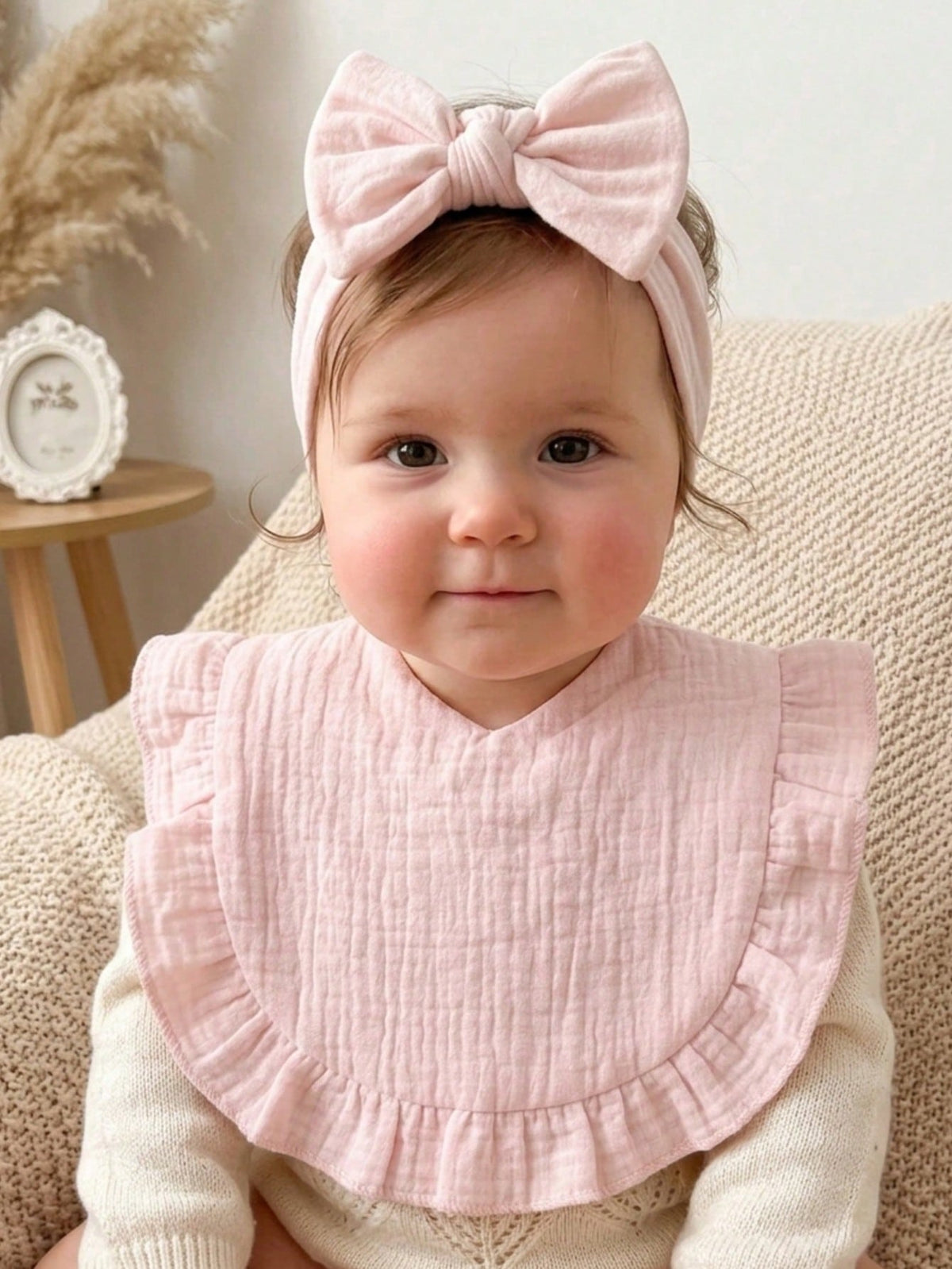 8pcs Candy Color Pure Cotton Cute Ruffle Baby Bibs, Soft & Skin-Friendly Elastic Bow Headband Baby Hair Accessories, Suitable For Daily Use In All Seasons