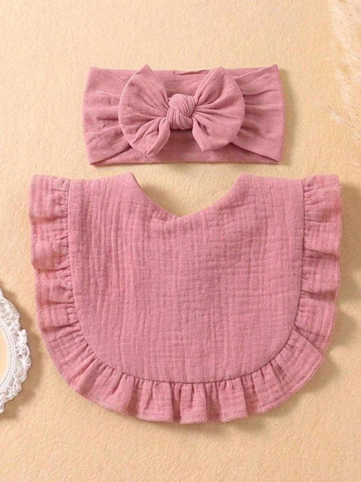 8pcs Candy Color Pure Cotton Cute Ruffle Baby Bibs, Soft & Skin-Friendly Elastic Bow Headband Baby Hair Accessories, Suitable For Daily Use In All Seasons