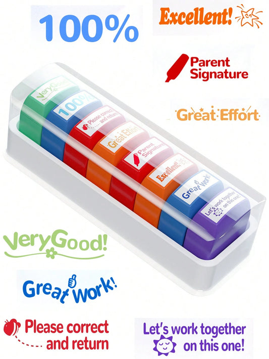 8pcs/Set Teacher Stamps With Automatic Ink Release & Personalized Fun Design, Suitable For Graded Offices, Ideal For Classroom & Homework Rewards, With Included Storage Tray & Colored Ink Pad 1pc,Back