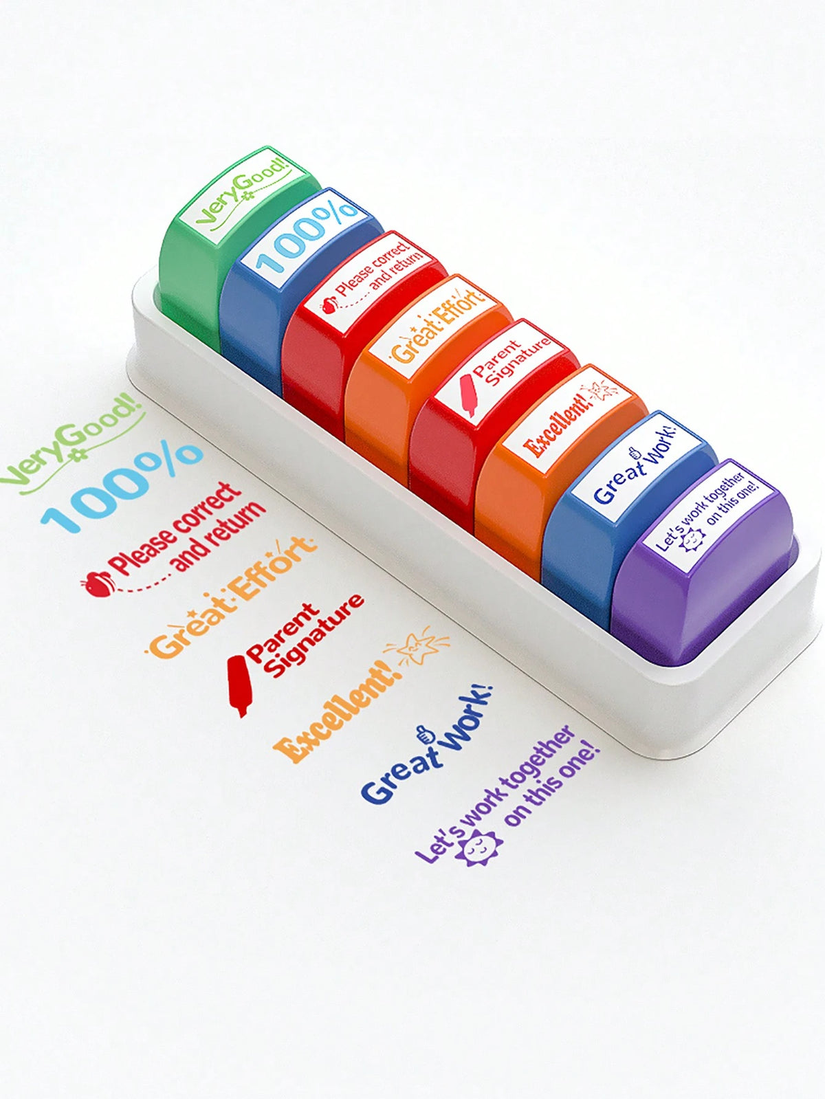 8pcs/Set Teacher Stamps With Automatic Ink Release & Personalized Fun Design, Suitable For Graded Offices, Ideal For Classroom & Homework Rewards, With Included Storage Tray & Colored Ink Pad 1pc,Back