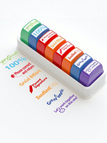 8pcs/Set Teacher Stamps With Automatic Ink Release & Personalized Fun Design, Suitable For Graded Offices, Ideal For Classroom & Homework Rewards, With Included Storage Tray & Colored Ink Pad 1pc,Back
