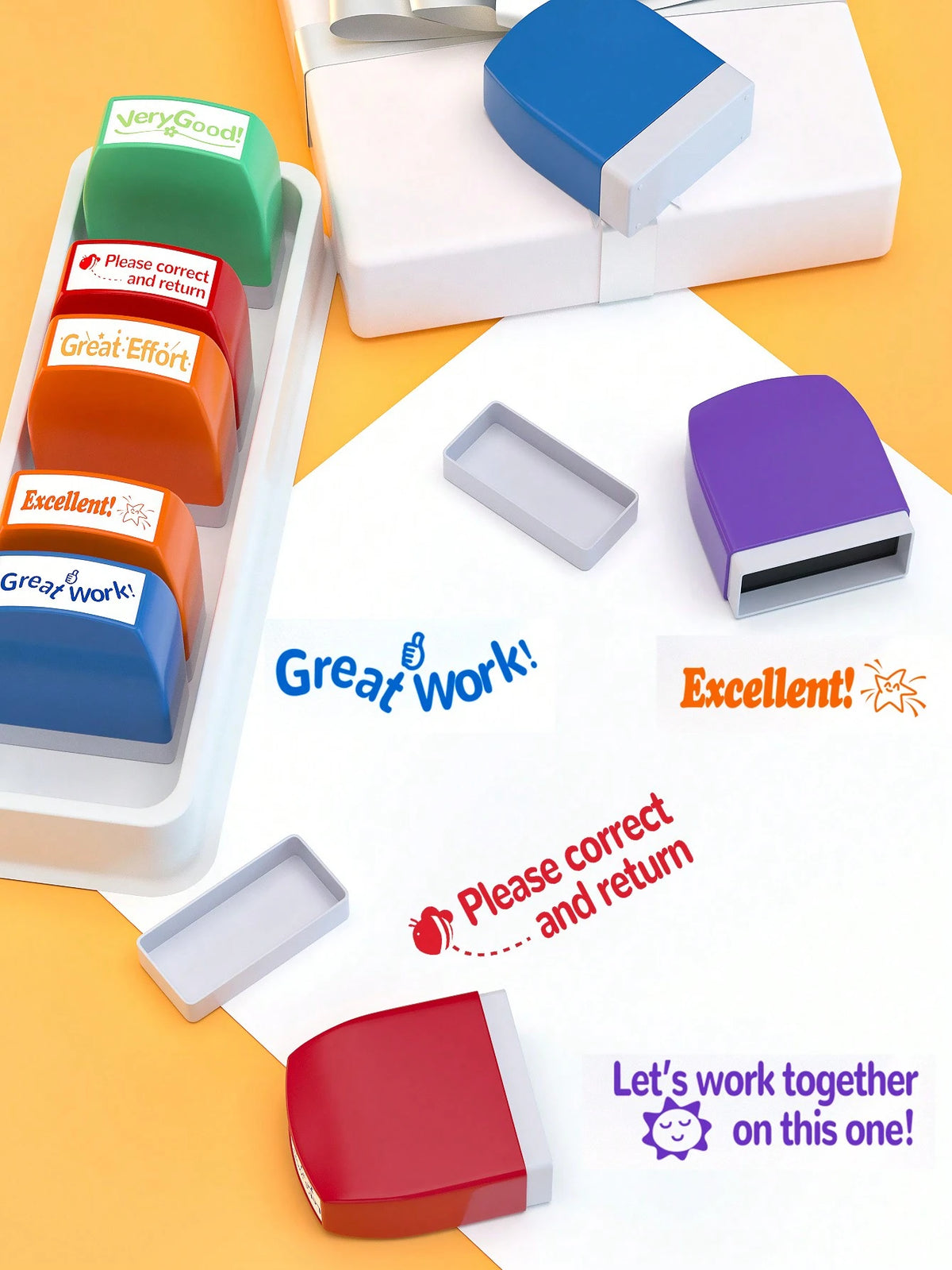 8pcs/Set Teacher Stamps With Automatic Ink Release & Personalized Fun Design, Suitable For Graded Offices, Ideal For Classroom & Homework Rewards, With Included Storage Tray & Colored Ink Pad 1pc,Back
