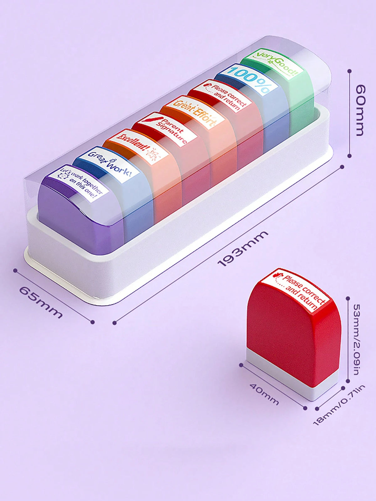 8pcs/Set Teacher Stamps With Automatic Ink Release & Personalized Fun Design, Suitable For Graded Offices, Ideal For Classroom & Homework Rewards, With Included Storage Tray & Colored Ink Pad 1pc,Back