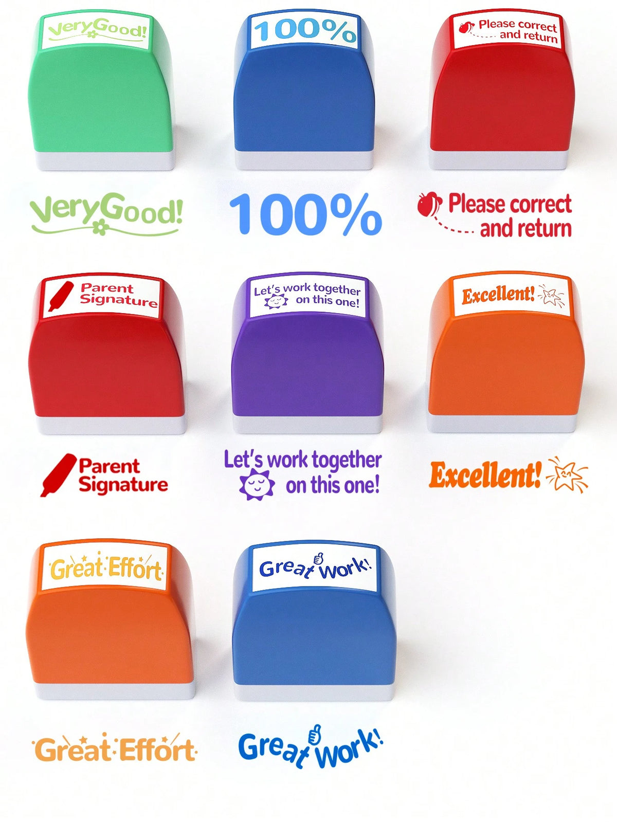8pcs/Set Teacher Stamps With Automatic Ink Release & Personalized Fun Design, Suitable For Graded Offices, Ideal For Classroom & Homework Rewards, With Included Storage Tray & Colored Ink Pad 1pc,Back