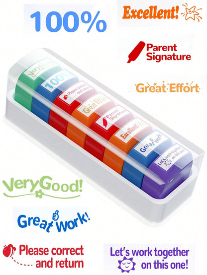 8pcs/Set Teacher Stamps With Automatic Ink Release & Personalized Fun Design, Suitable For Graded Offices, Ideal For Classroom & Homework Rewards, With Included Storage Tray & Colored Ink Pad 1pc,Back