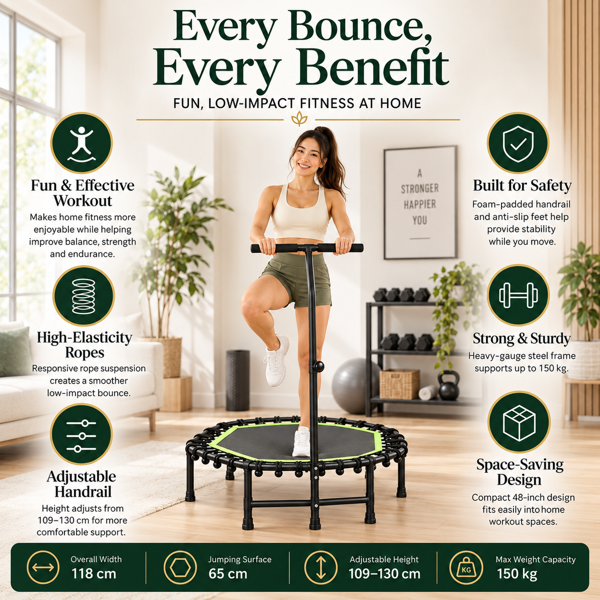 🔥 Summer Sale – 48-Inch Fitness Trampoline with Adjustable Handrail