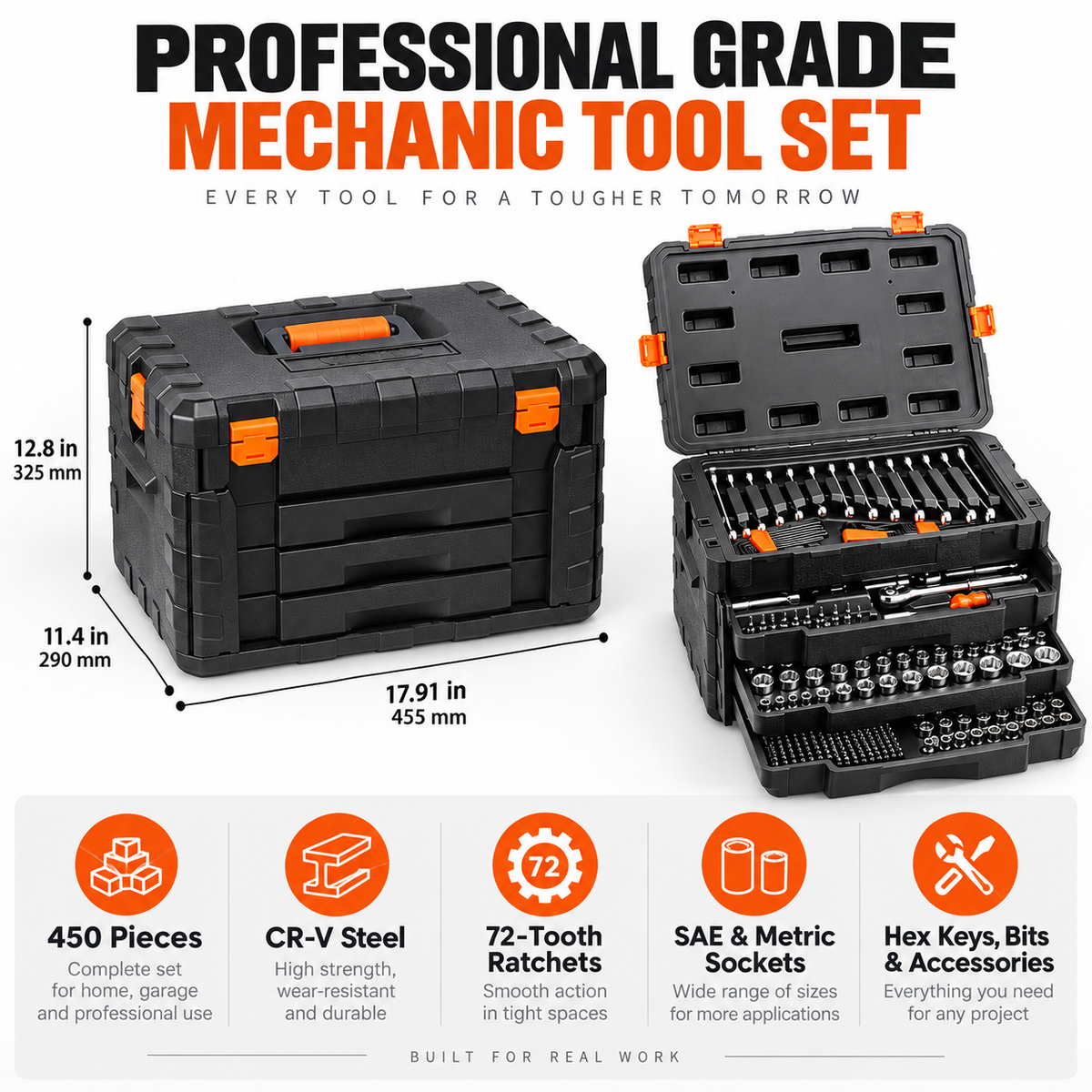 450-Piece Mechanics Tool & Socket Set – Complete Auto Repair Tool Kit
