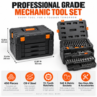 450-Piece Mechanics Tool & Socket Set – Complete Auto Repair Tool Kit