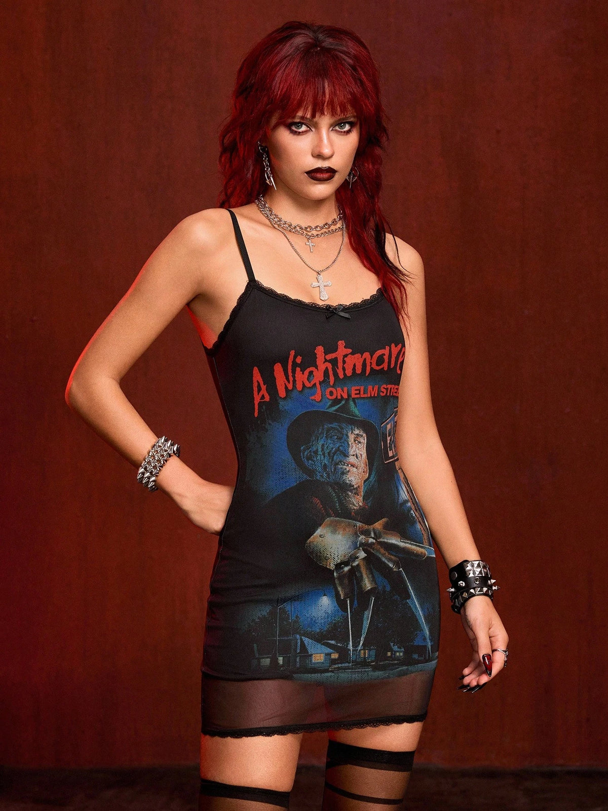 A Nightmare on Elm Street X ROMWE Spring|Summer Carnival Party Casual Graphic Women's Figure Graphic Mesh Patchwork Camisole Black Mini Dress