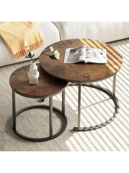 Aboxoo Coffee Table Nesting Side Round Table Set Of 2 End Table With Sturdy Metal Frame For Living Room Bedroom Apartment Modern Industrial Simple Nightstand,Oak