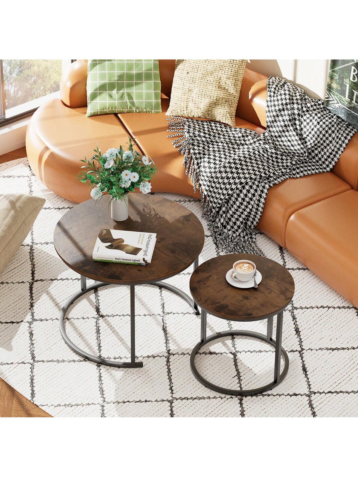 Aboxoo Coffee Table Nesting Side Round Table Set Of 2 End Table With Sturdy Metal Frame For Living Room Bedroom Apartment Modern Industrial Simple Nightstand,Oak