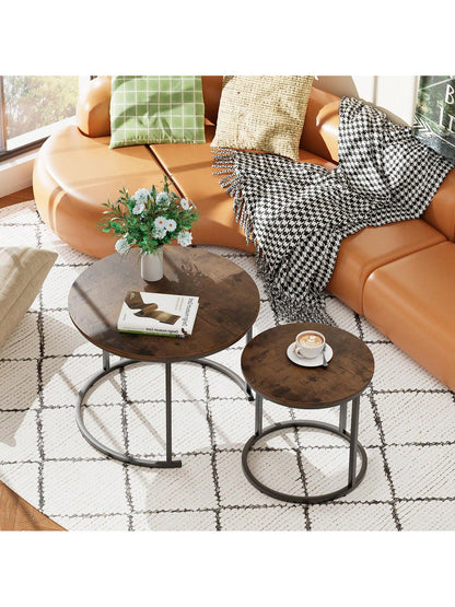 Aboxoo Coffee Table Nesting Side Round Table Set Of 2 End Table With Sturdy Metal Frame For Living Room Bedroom Apartment Modern Industrial Simple Nightstand,Oak