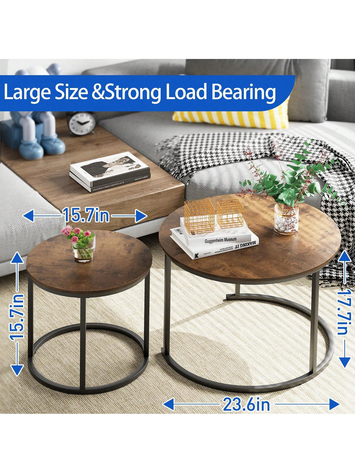 Aboxoo Coffee Table Nesting Side Round Table Set Of 2 End Table With Sturdy Metal Frame For Living Room Bedroom Apartment Modern Industrial Simple Nightstand,Oak