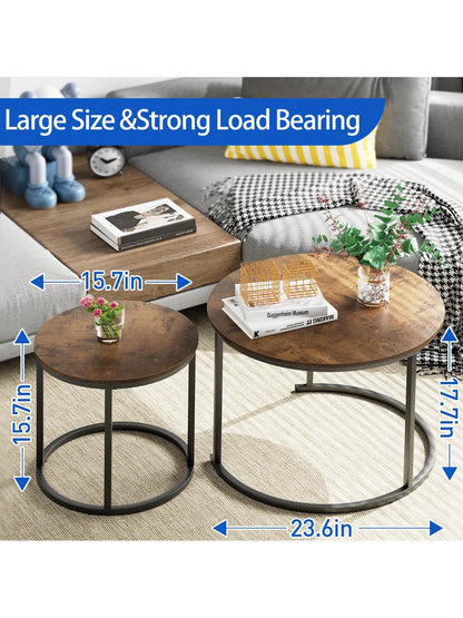 Aboxoo Coffee Table Nesting Side Round Table Set Of 2 End Table With Sturdy Metal Frame For Living Room Bedroom Apartment Modern Industrial Simple Nightstand,Oak