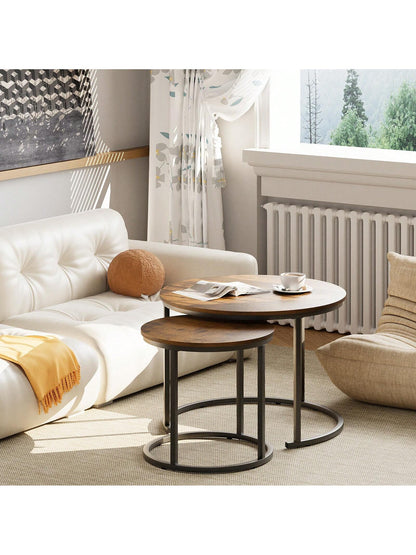 Aboxoo Coffee Table Nesting Side Round Table Set Of 2 End Table With Sturdy Metal Frame For Living Room Bedroom Apartment Modern Industrial Simple Nightstand,Oak