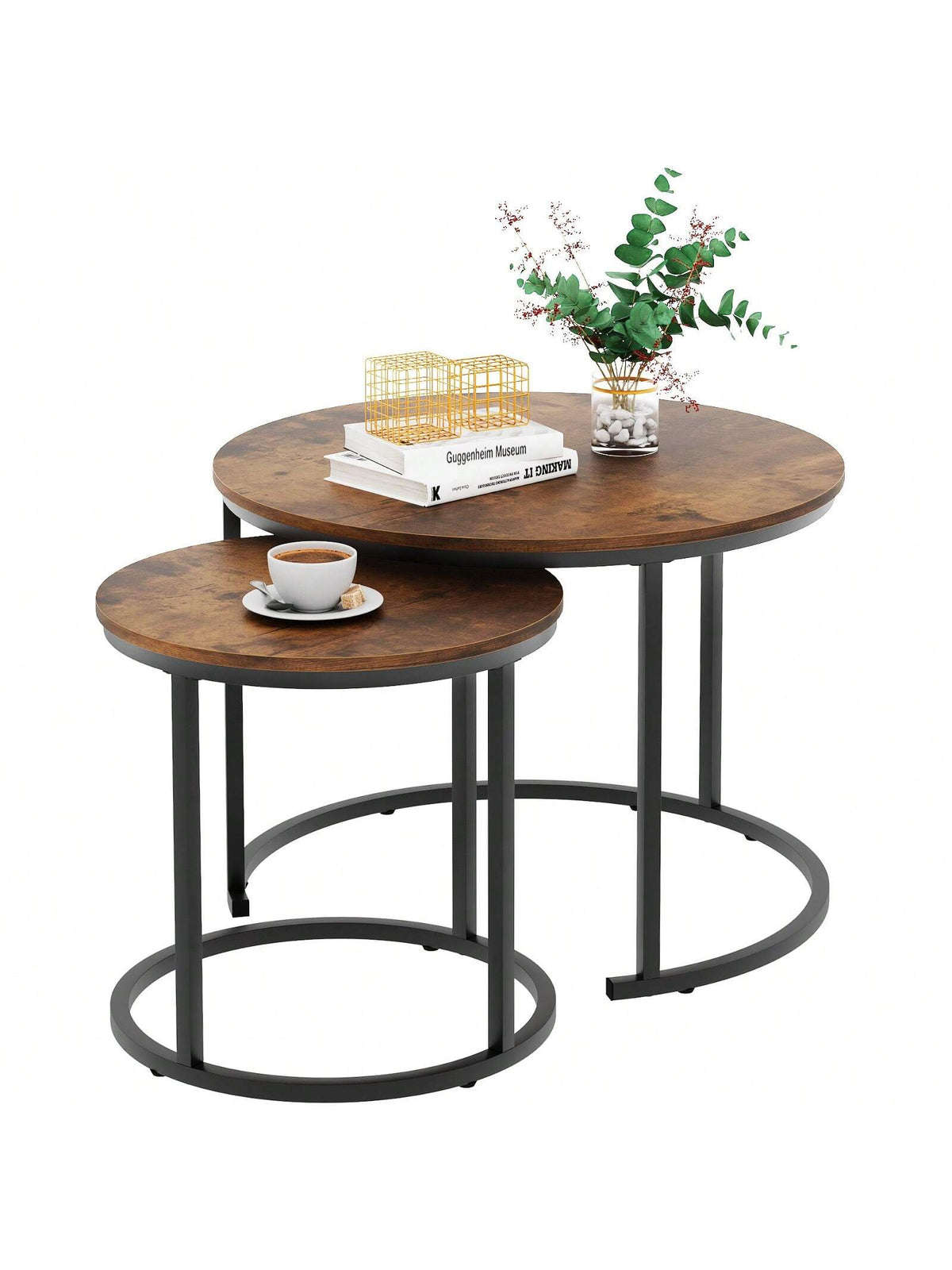 Aboxoo Coffee Table Nesting Side Round Table Set Of 2 End Table With Sturdy Metal Frame For Living Room Bedroom Apartment Modern Industrial Simple Nightstand,Oak