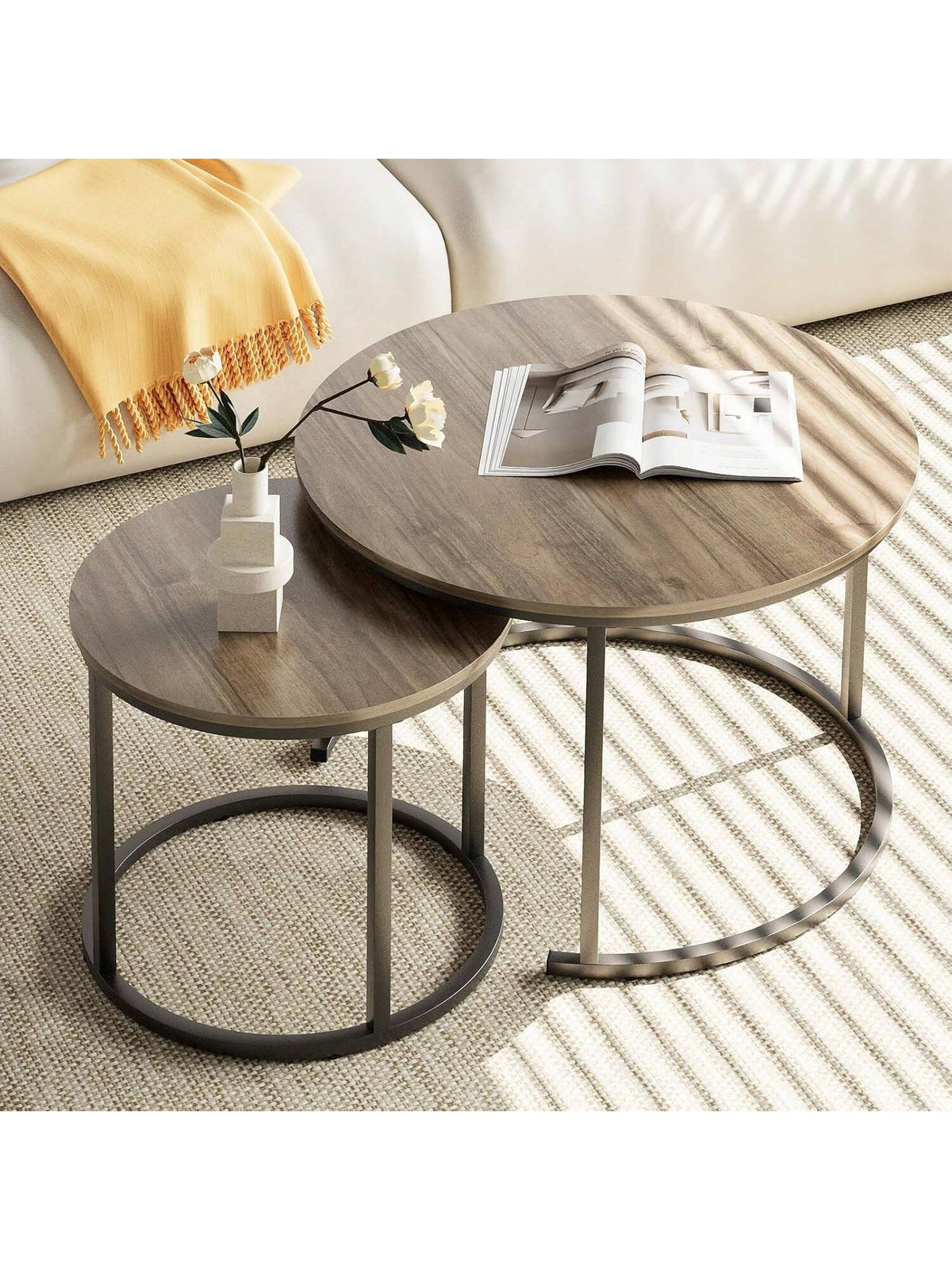 Aboxoo Coffee Table Nesting Side Round Table Set Of 2 End Table With Sturdy Metal Frame For Living Room Bedroom Apartment Modern Industrial Simple Nightstand,Oak