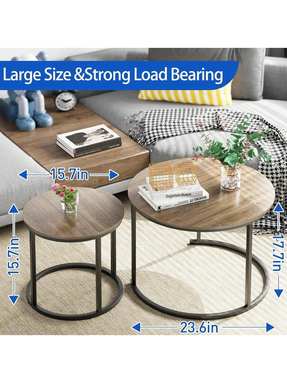 Aboxoo Coffee Table Nesting Side Round Table Set Of 2 End Table With Sturdy Metal Frame For Living Room Bedroom Apartment Modern Industrial Simple Nightstand,Oak