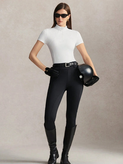 Activina Women's Solid Color Stand Collar Short Sleeve Top Equestrian Shirt