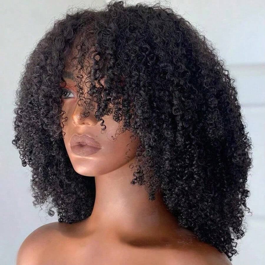 Afro Jerry Curly Human Hair 3 In 1 Half Wig Full Machine Made Scalp Top Wig Glueless Virgin Brazilian Afro Curly Wigs For Women 250% Density Natural Color Graduation Season Hairstyles