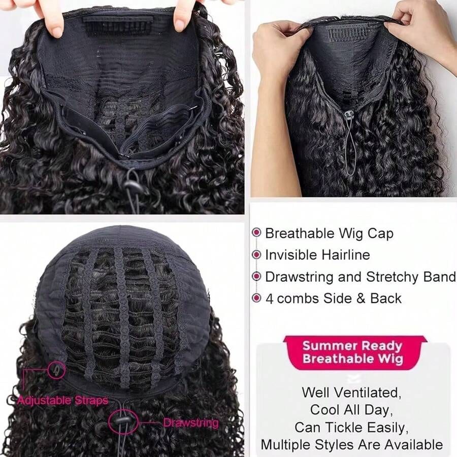 Afro Jerry Curly Human Hair 3 In 1 Half Wig Full Machine Made Scalp Top Wig Glueless Virgin Brazilian Afro Curly Wigs For Women 250% Density Natural Color Graduation Season Hairstyles