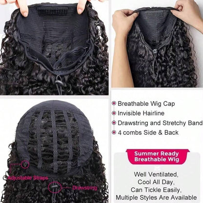 Afro Jerry Curly Human Hair 3 In 1 Half Wig Full Machine Made Scalp Top Wig Glueless Virgin Brazilian Afro Curly Wigs For Women 250% Density Natural Color Graduation Season Hairstyles