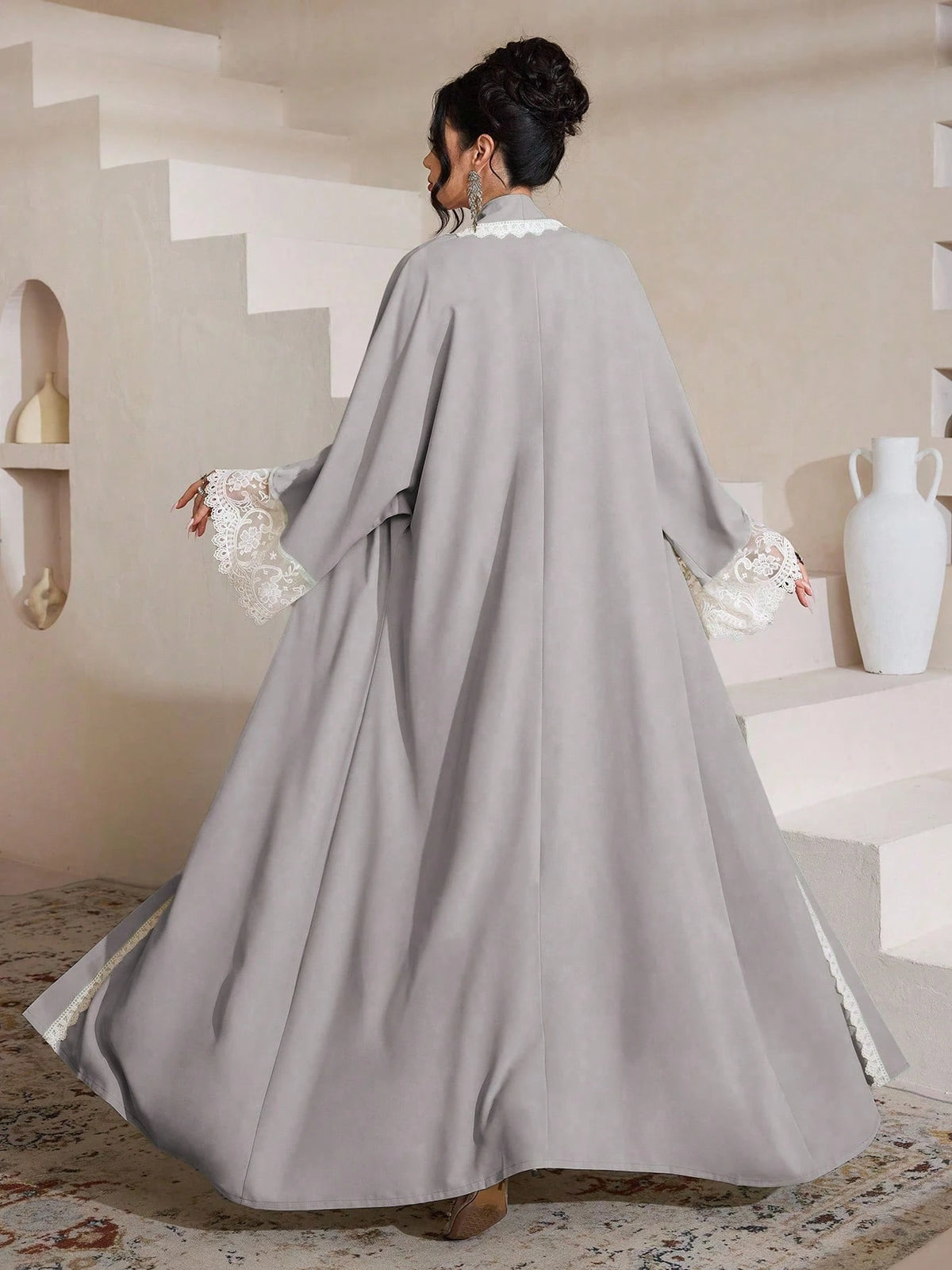 Al Najma Water-Soluble Lace Cardigan, Solid Color Elegant Dubai Style Abaya Robe, Long Sleeve