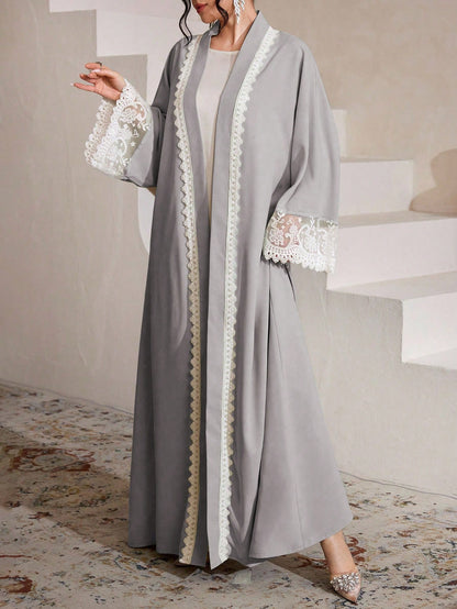 Al Najma Water-Soluble Lace Cardigan, Solid Color Elegant Dubai Style Abaya Robe, Long Sleeve