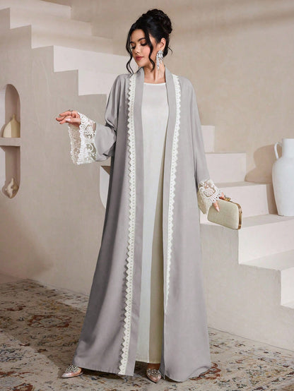 Al Najma Water-Soluble Lace Cardigan, Solid Color Elegant Dubai Style Abaya Robe, Long Sleeve