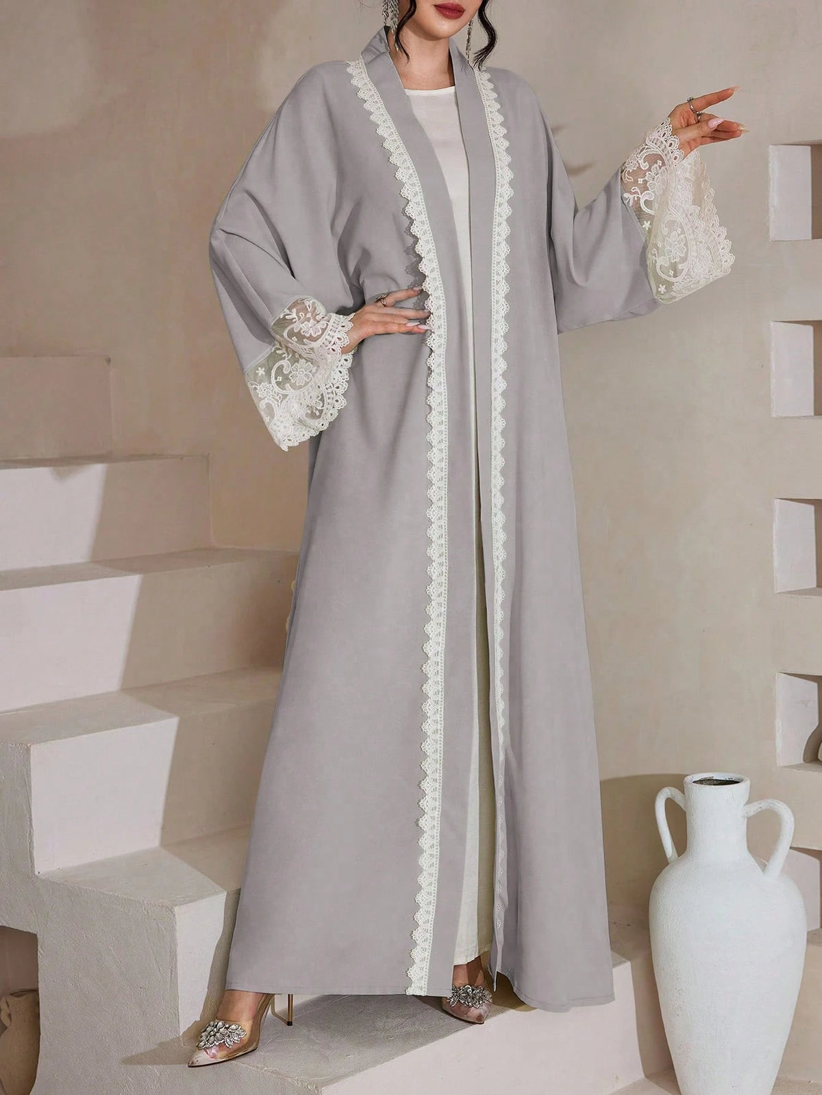 Al Najma Water-Soluble Lace Cardigan, Solid Color Elegant Dubai Style Abaya Robe, Long Sleeve