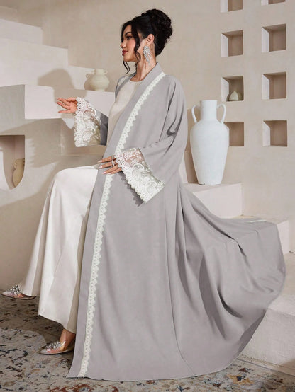 Al Najma Water-Soluble Lace Cardigan, Solid Color Elegant Dubai Style Abaya Robe, Long Sleeve