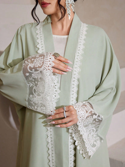 Al Najma Water-Soluble Lace Cardigan, Solid Color Elegant Dubai Style Abaya Robe, Long Sleeve