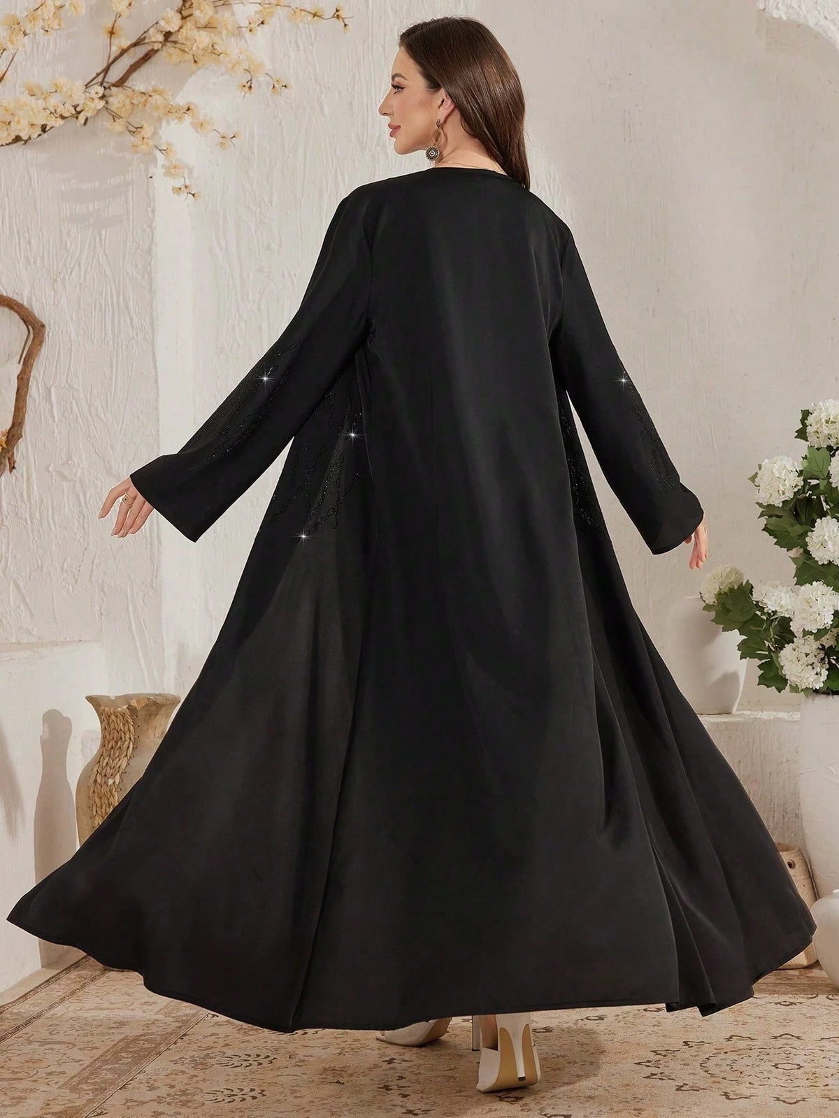 Al Najma Women's Black Loose Fit Elegant Robe With Rhinestones, Modest Abaya