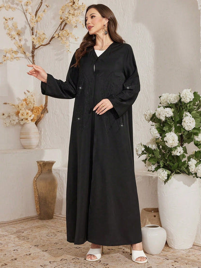 Al Najma Women's Black Loose Fit Elegant Robe With Rhinestones, Modest Abaya