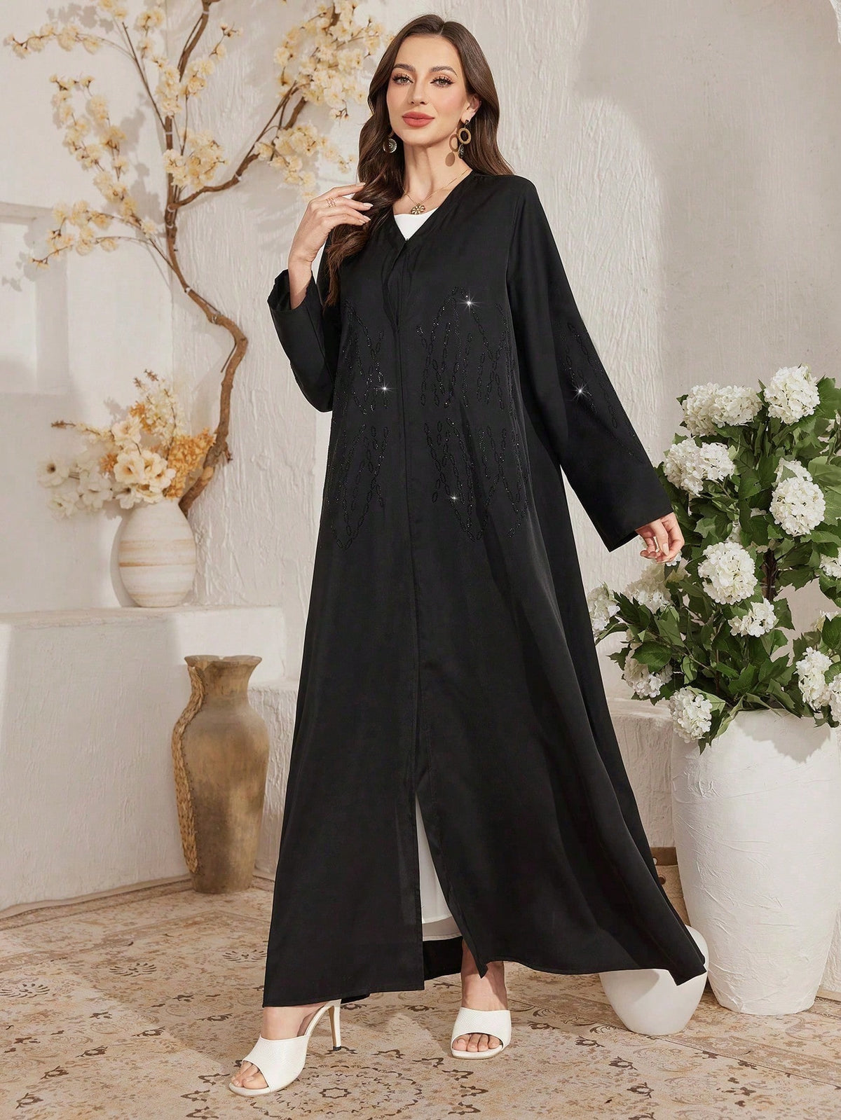 Al Najma Women's Black Loose Fit Elegant Robe With Rhinestones, Modest Abaya