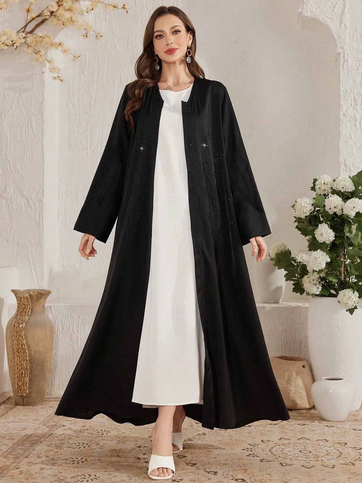 Al Najma Women's Black Loose Fit Elegant Robe With Rhinestones, Modest Abaya