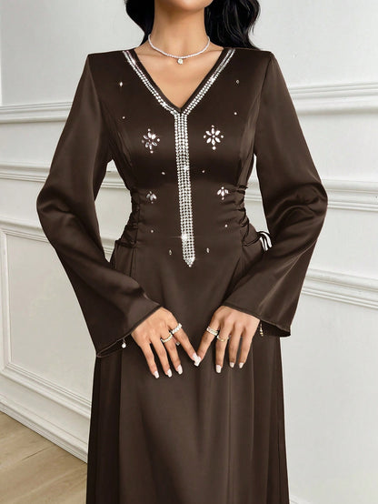 Al Najma Women's Elegant Long Sleeve Rhinestone Decorated Arabic Style Dress Chocolate Brown Dress Dress Modest