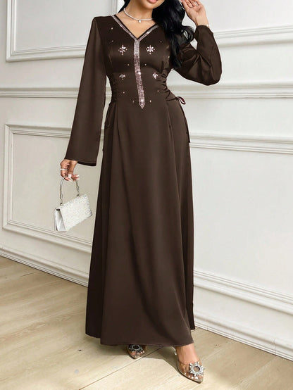 Al Najma Women's Elegant Long Sleeve Rhinestone Decorated Arabic Style Dress Chocolate Brown Dress Dress Modest