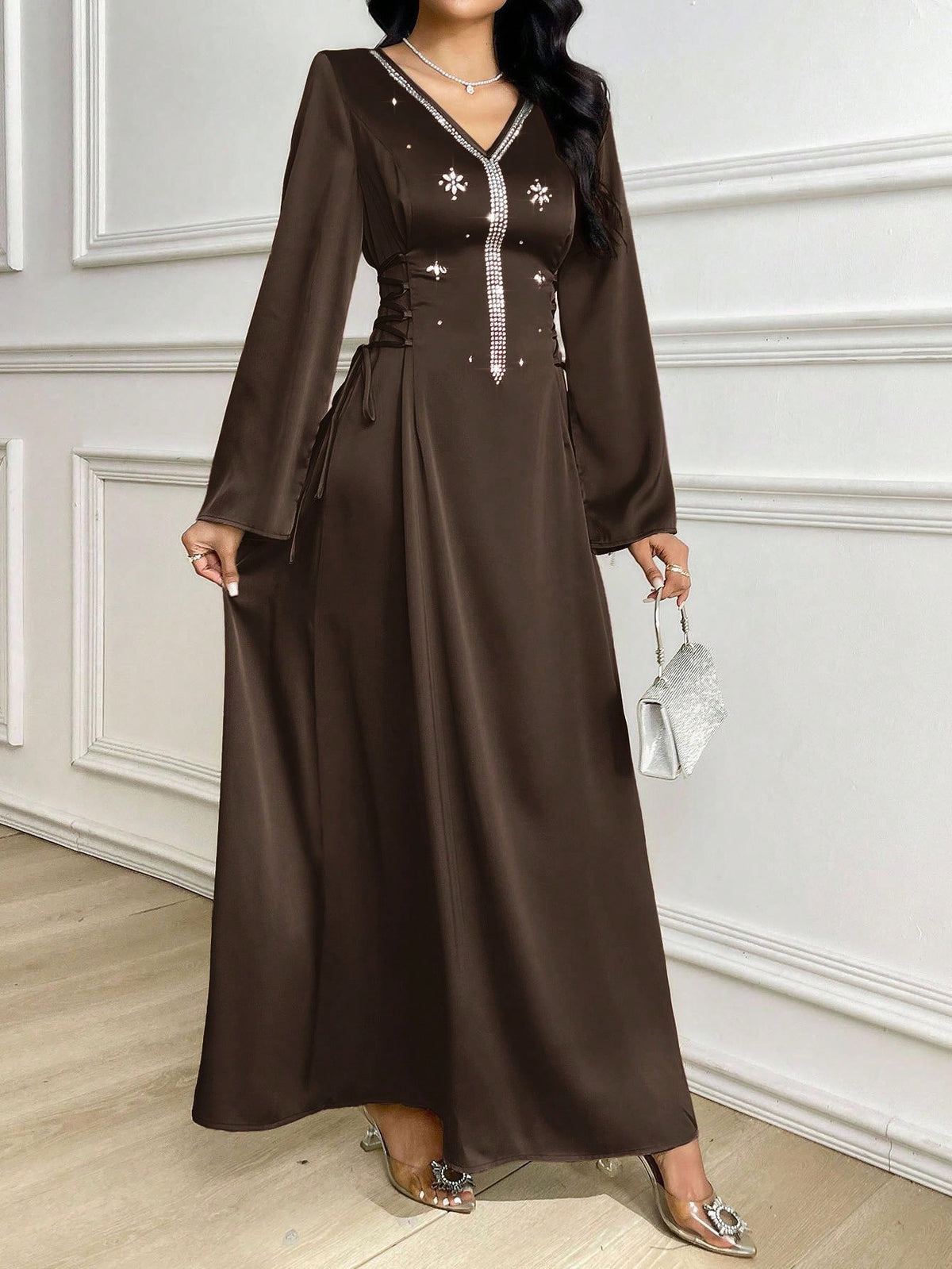 Al Najma Women's Elegant Long Sleeve Rhinestone Decorated Arabic Style Dress Chocolate Brown Dress Dress Modest