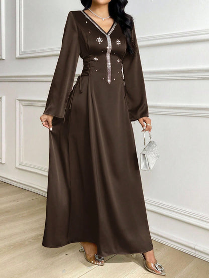 Al Najma Women's Elegant Long Sleeve Rhinestone Decorated Arabic Style Dress Chocolate Brown Dress Dress Modest