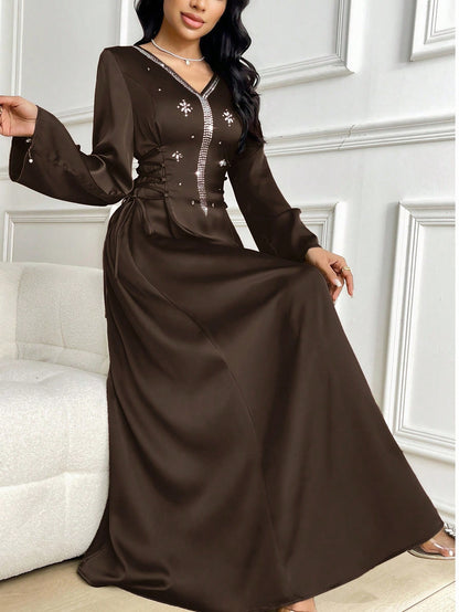 Al Najma Women's Elegant Long Sleeve Rhinestone Decorated Arabic Style Dress Chocolate Brown Dress Dress Modest