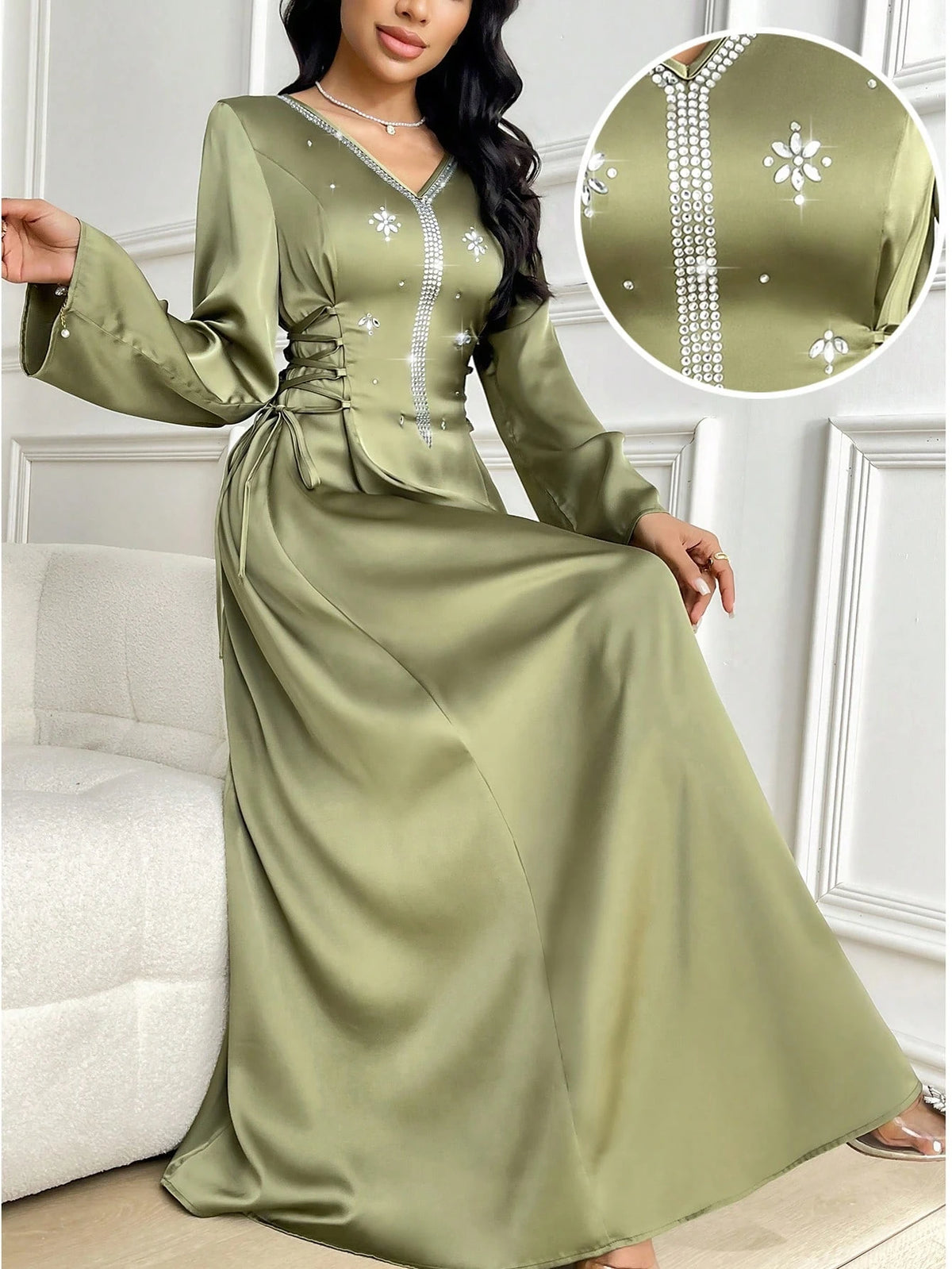 Al Najma Women's Elegant Long Sleeve Rhinestone Decorated Arabic Style Dress Chocolate Brown Dress Dress Modest