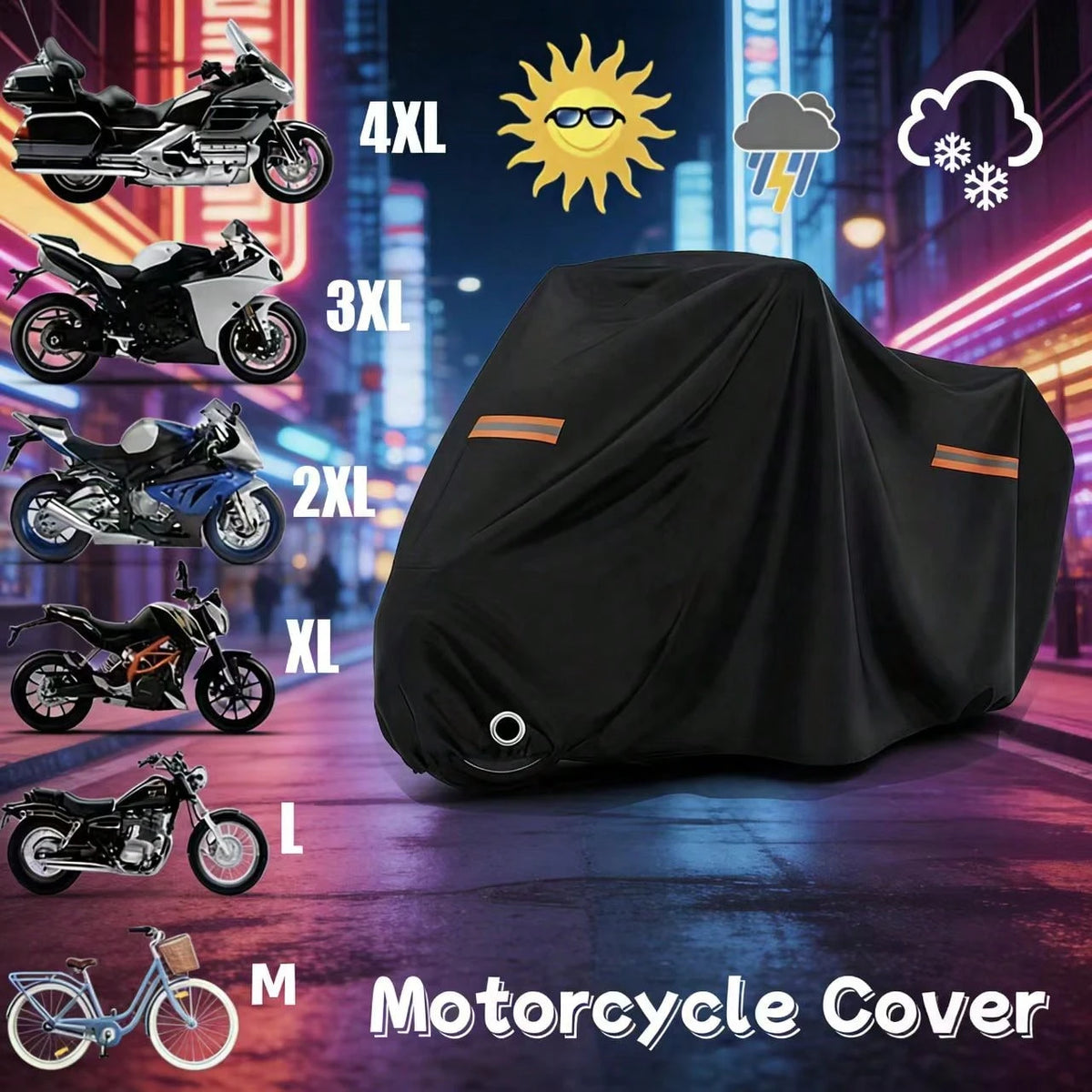All Season Waterproof Motorcycle Cover, UV Resistant Dustproof Motorbike Cover With Reflective Strips, Windproof Buckle, Lock Hole, For Scooter, Cruiser, Sport Bike, Touring Bike, Moped, Multiple Size