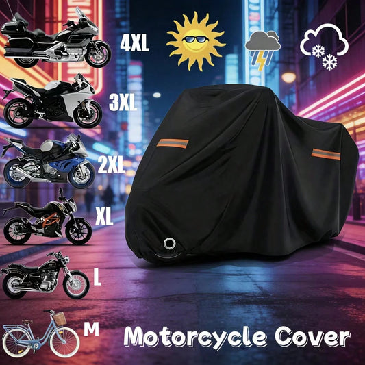 All Season Waterproof Motorcycle Cover, UV Resistant Dustproof Motorbike Cover With Reflective Strips, Windproof Buckle, Lock Hole, For Scooter, Cruiser, Sport Bike, Touring Bike, Moped, Multiple Size