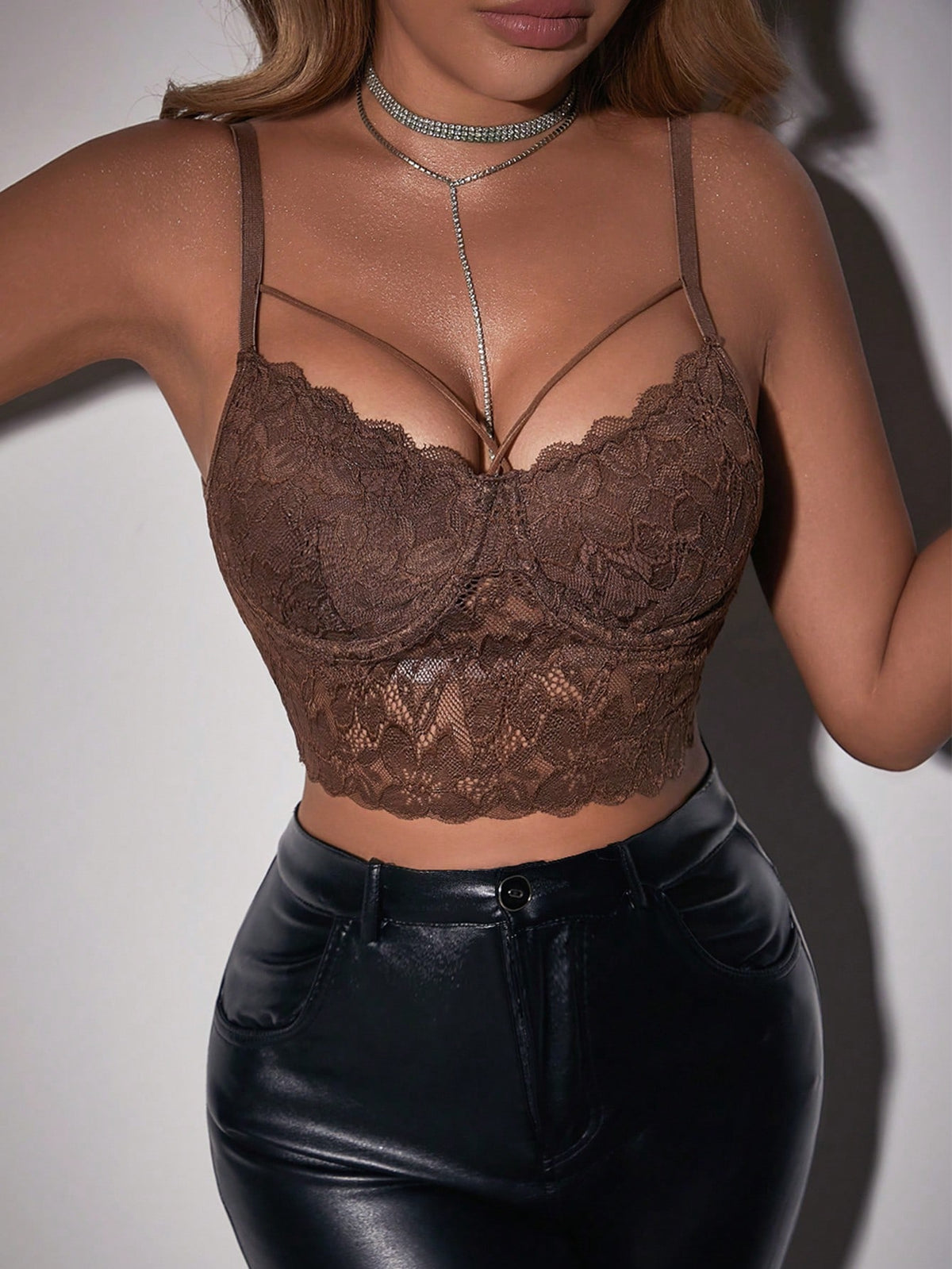 Allurite Women Sexy Solid Color Lace Criss-Cross Hollow Out Cropped Camisole Top For Summer