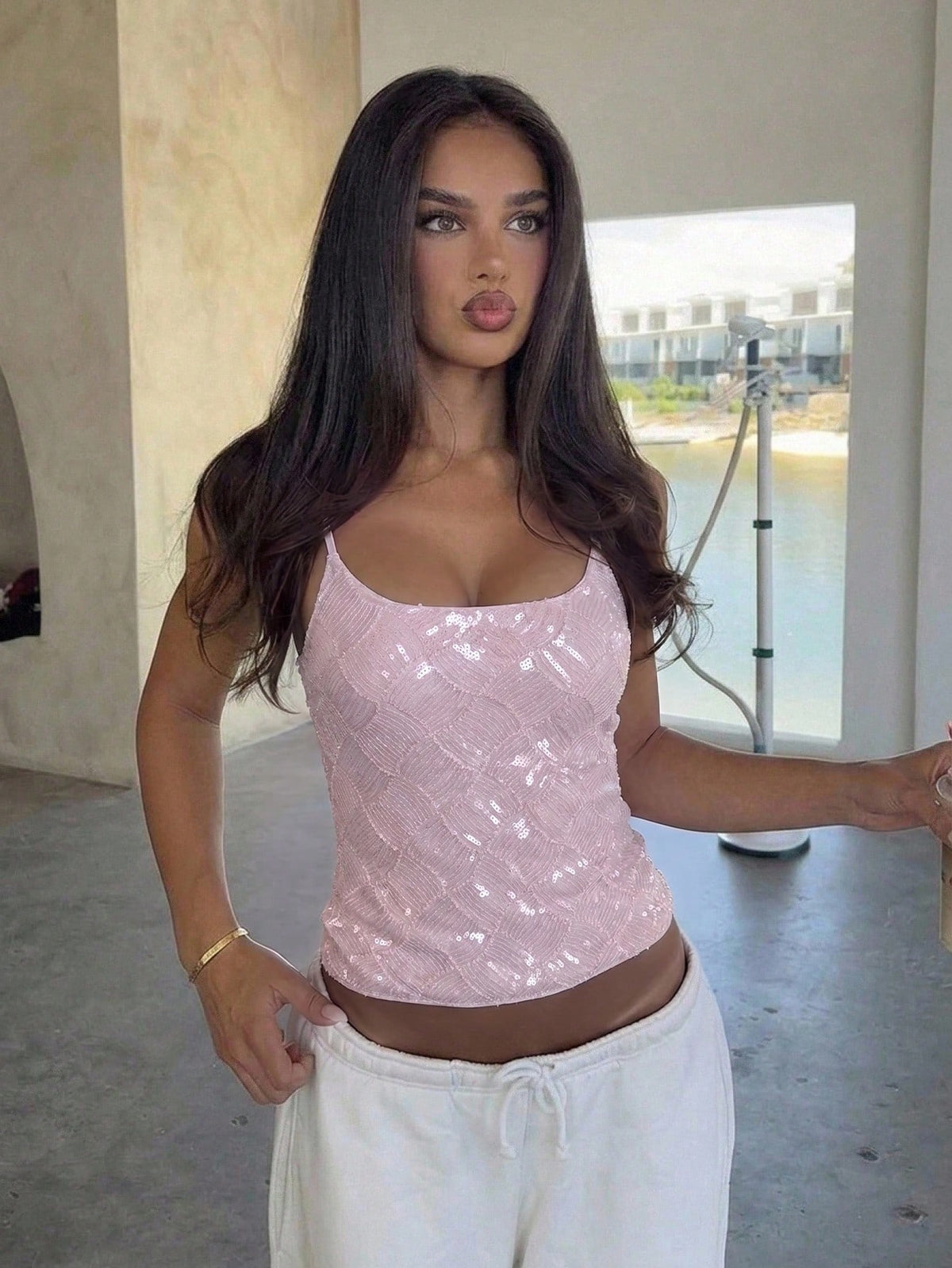 Aloruh Pink Sequin Camisole Top, Versatile For Vacation Going Out Summer Sexy