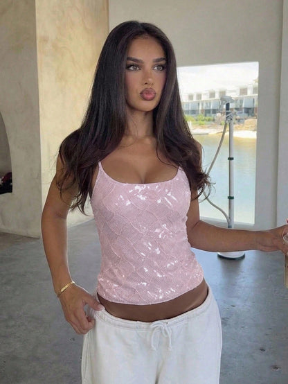 Aloruh Pink Sequin Camisole Top, Versatile For Vacation Going Out Summer Sexy